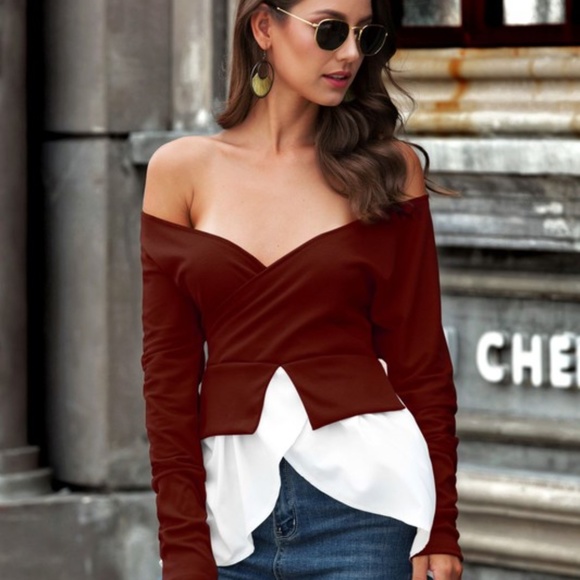 Layered Long Sleeve Off The Shoulder Top - GREY - Picture 6 of 10